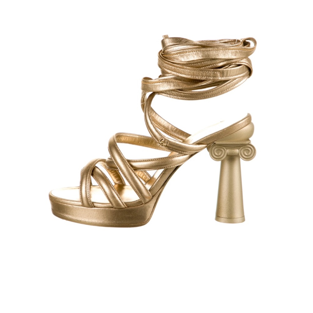 CHANEL Gold Heels with Strappy Design and Platform Sole